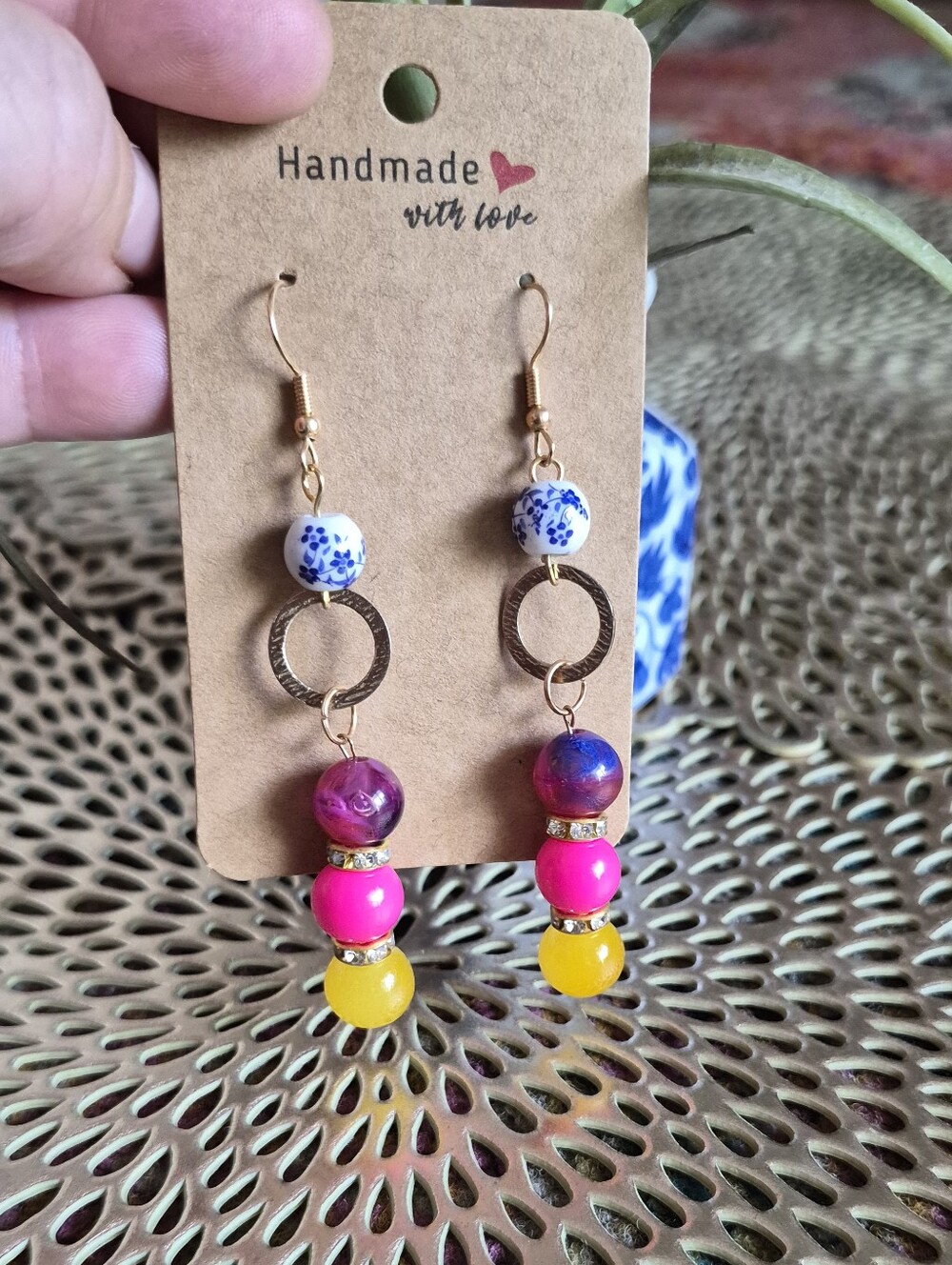 Handmade Colorful Beaded Drop Earrings - Pink, Purple ,Yellow, Blue